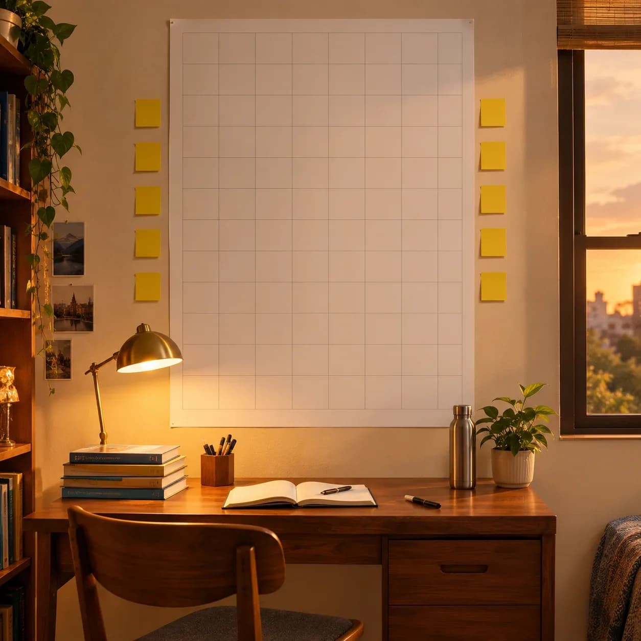 Large wall calendar with sticky notes on a white wall beside a desk lamp