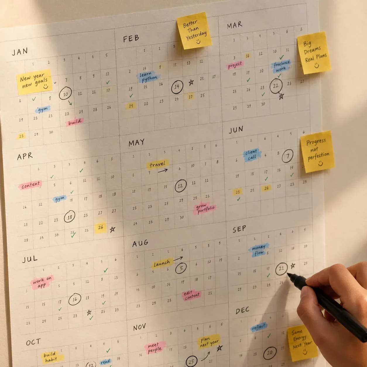Mini wall calendar filled with colourful marker marks and sticky notes