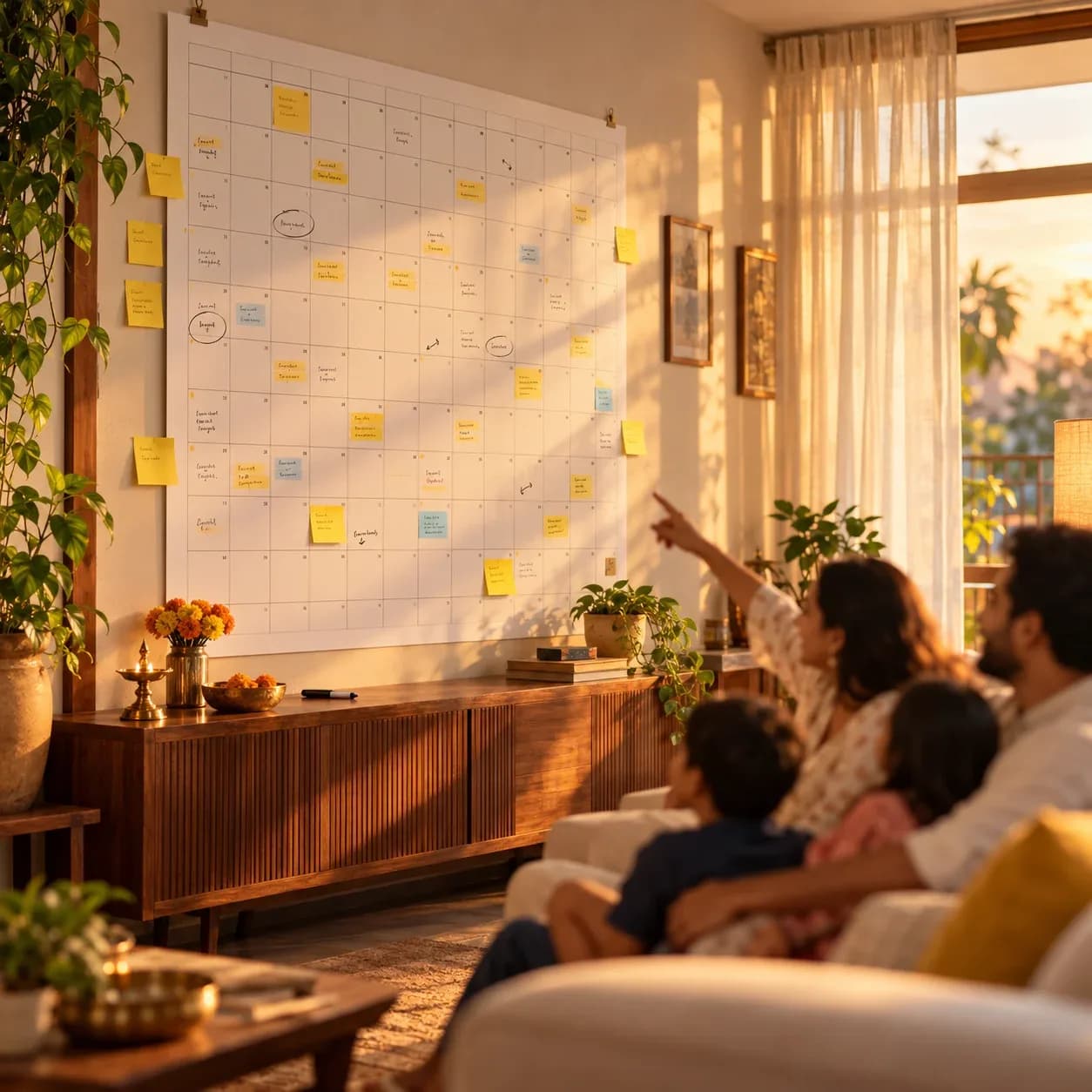 Person planning goals on a big wall calendar covered in sticky notes in a warm room