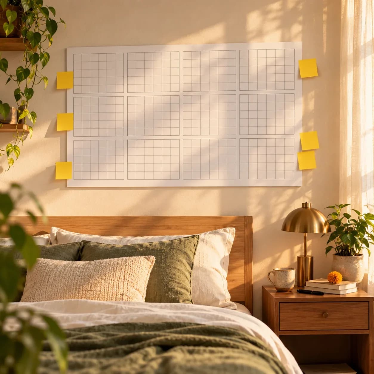 Large 2027 wall calendar with sticky notes on a sunlit wall