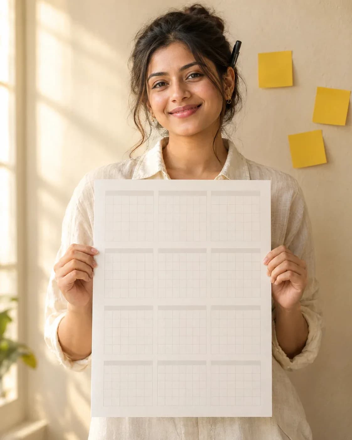 Person holding up the mini 2027 wall calendar next to a wall of sticky notes