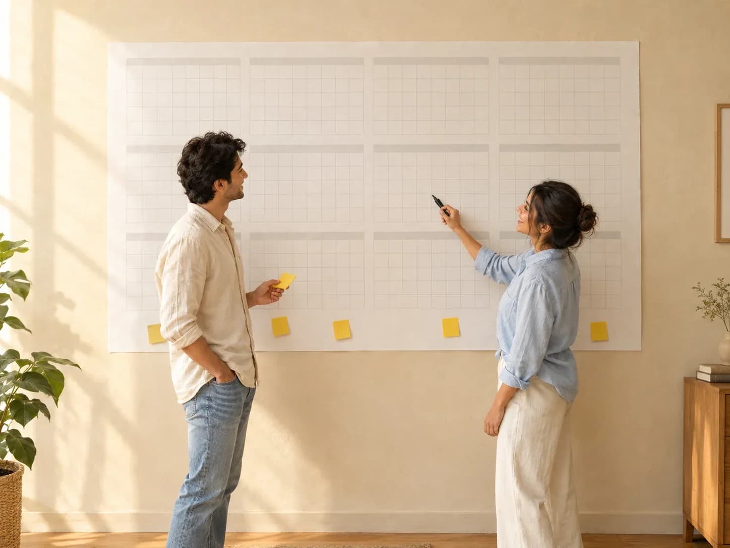 Two people planning goals together on a big wall calendar with sticky notes