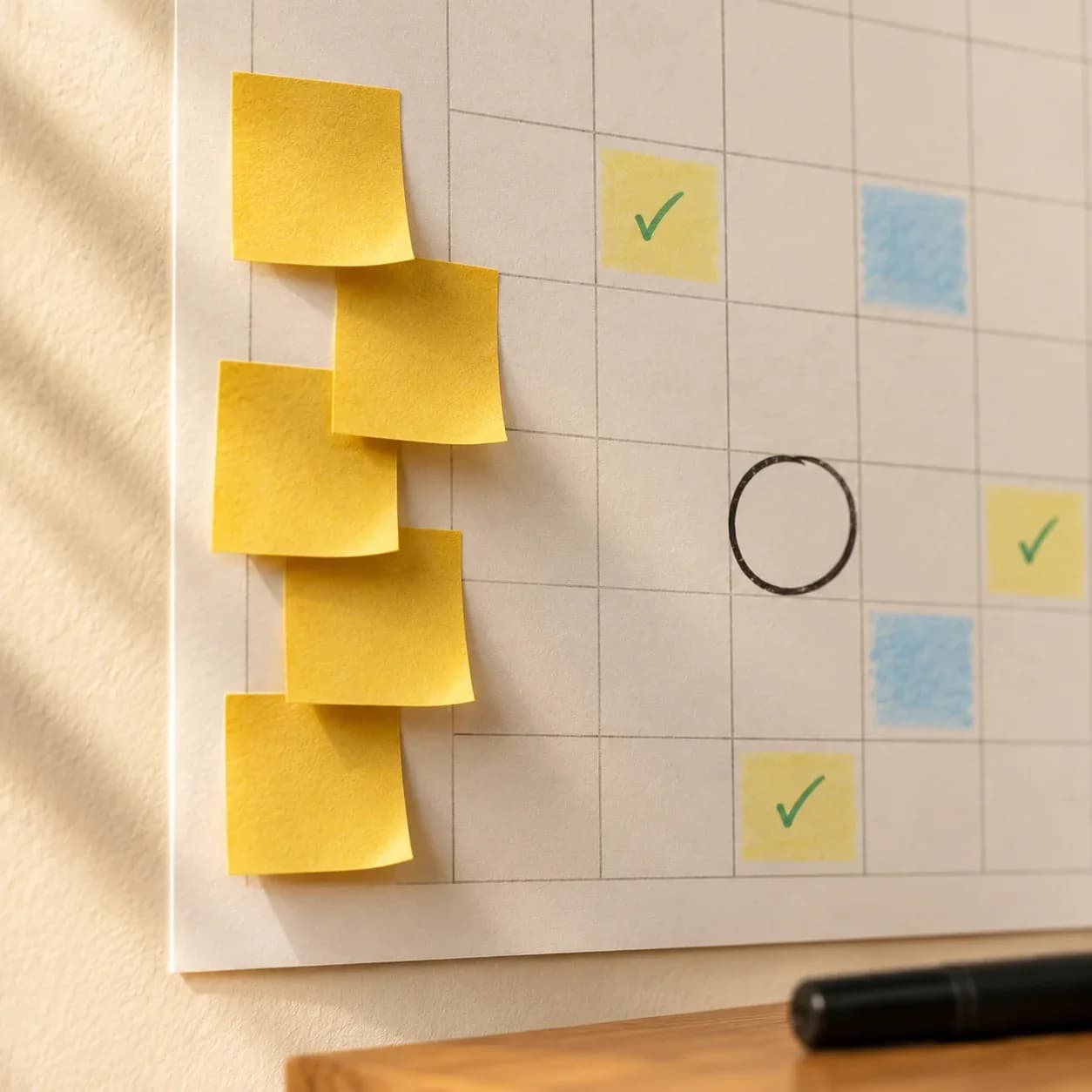 Big wall calendar with yellow sticky notes and a circled date