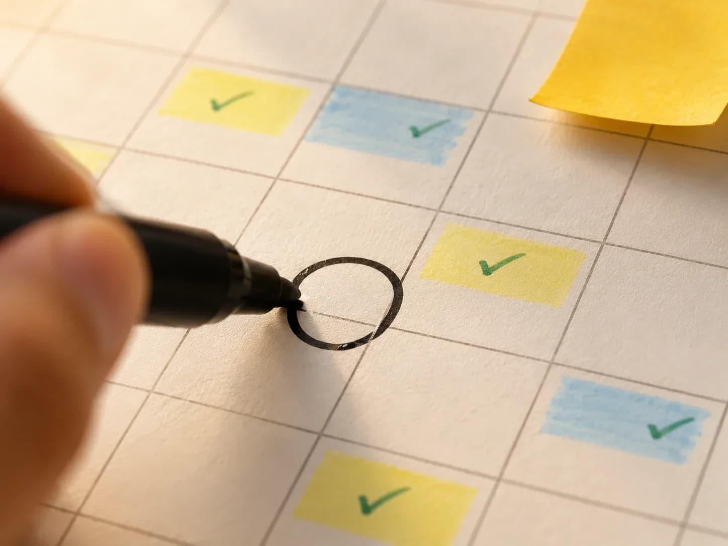 Marker resting on a calendar page with ticked dates and sticky notes